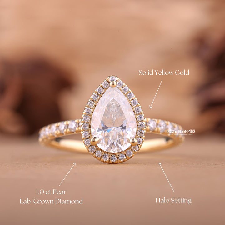 Fine craftsmanship detail on pear halo engagement ring
