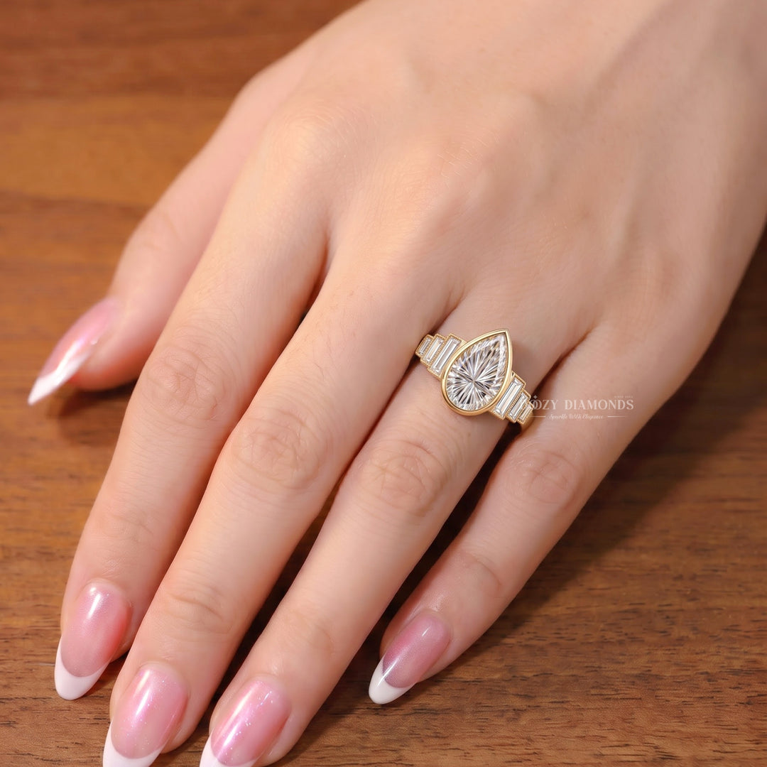 2.0CT Pear Cut F/VS1 Kaleidoscope Seven Stone Lab Grown Diamond Engagement Ring