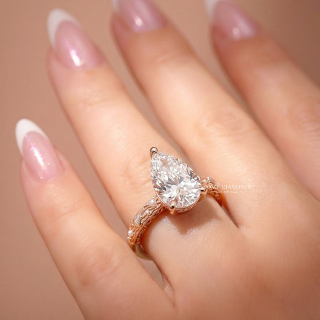 Vintage Style 2.0CT Pear Cut F/VS1 Lab Grown Diamond Three Stone Engagement Ring