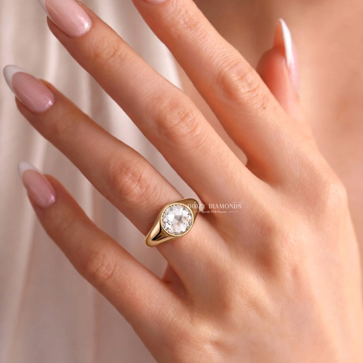 2.0CT Round Rose Cut Style Lab Grown Diamond Bezel Set Signet Ring in Rose Gold