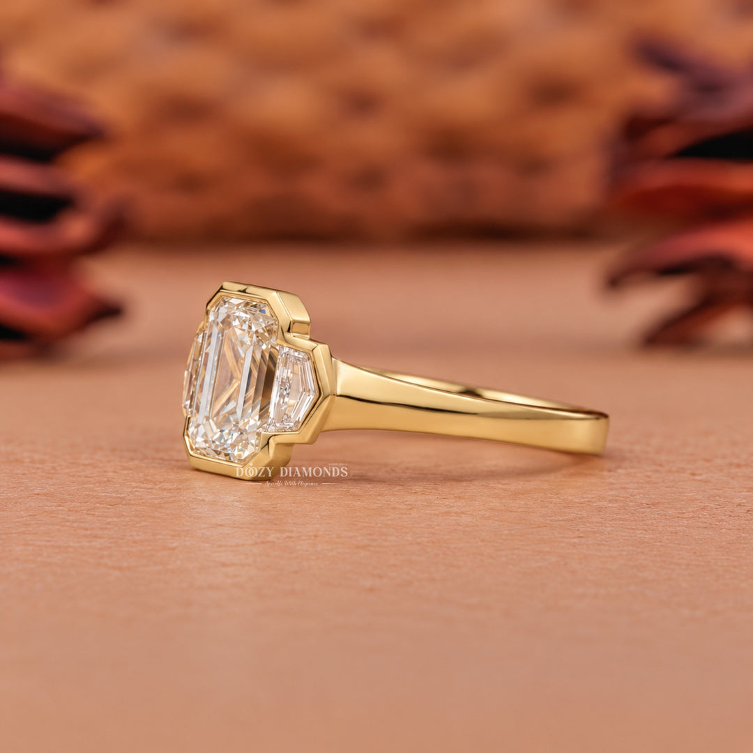 2.0CT Emerald Cut E/VS2 Lab Grown Diamond Art Deco Bezel Three Stone Engagement Ring