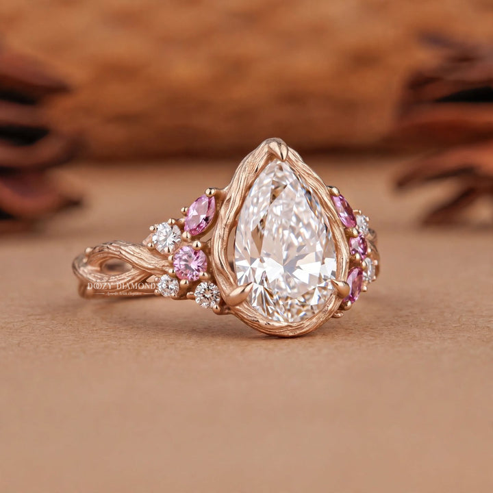 2.0CT Pear Lab Grown Diamond Pink Sapphire Accents Nature Inspired Engagement Rings