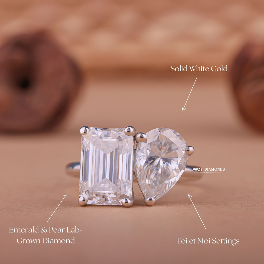 Pear solitaire engagement ring close-up showing F/VS1 diamond clarity