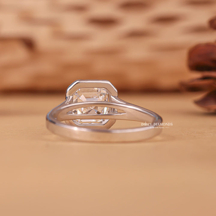 Asscher halo lab grown diamond ring side profile in gold setting