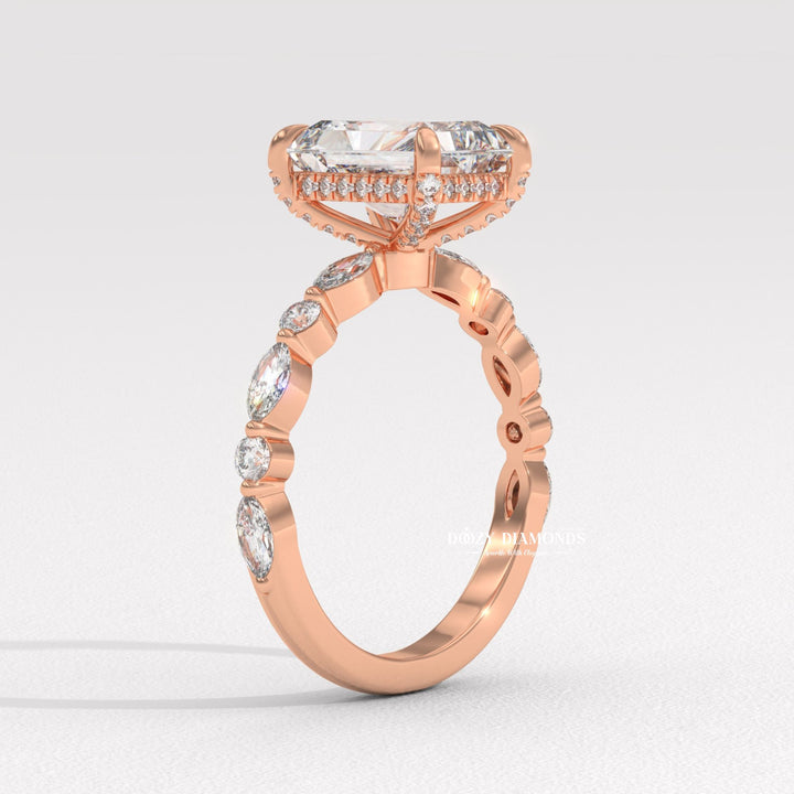 Unboxing view of marquise cut pave diamond engagement ring