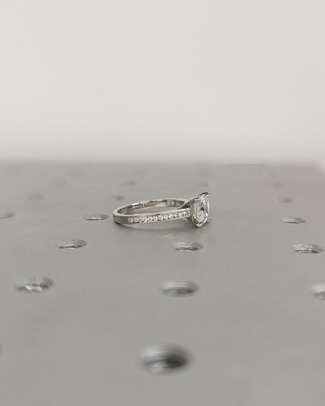 Asscher solitaire lab grown diamond ring side profile in gold setting