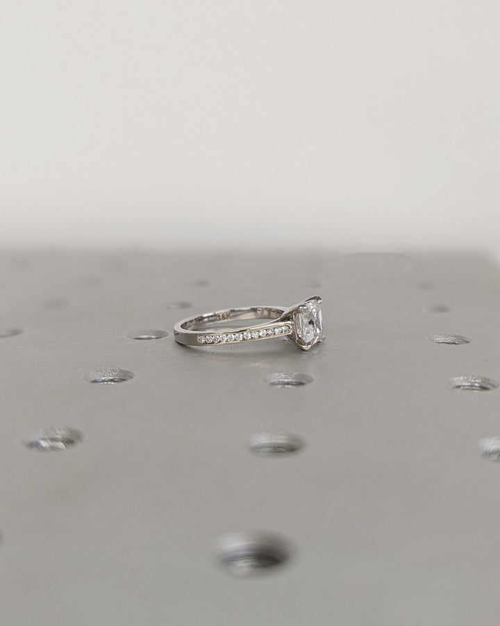 Asscher solitaire lab grown diamond ring side profile in gold setting