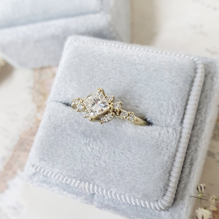 Princess cluster lab grown diamond ring fitted on finger