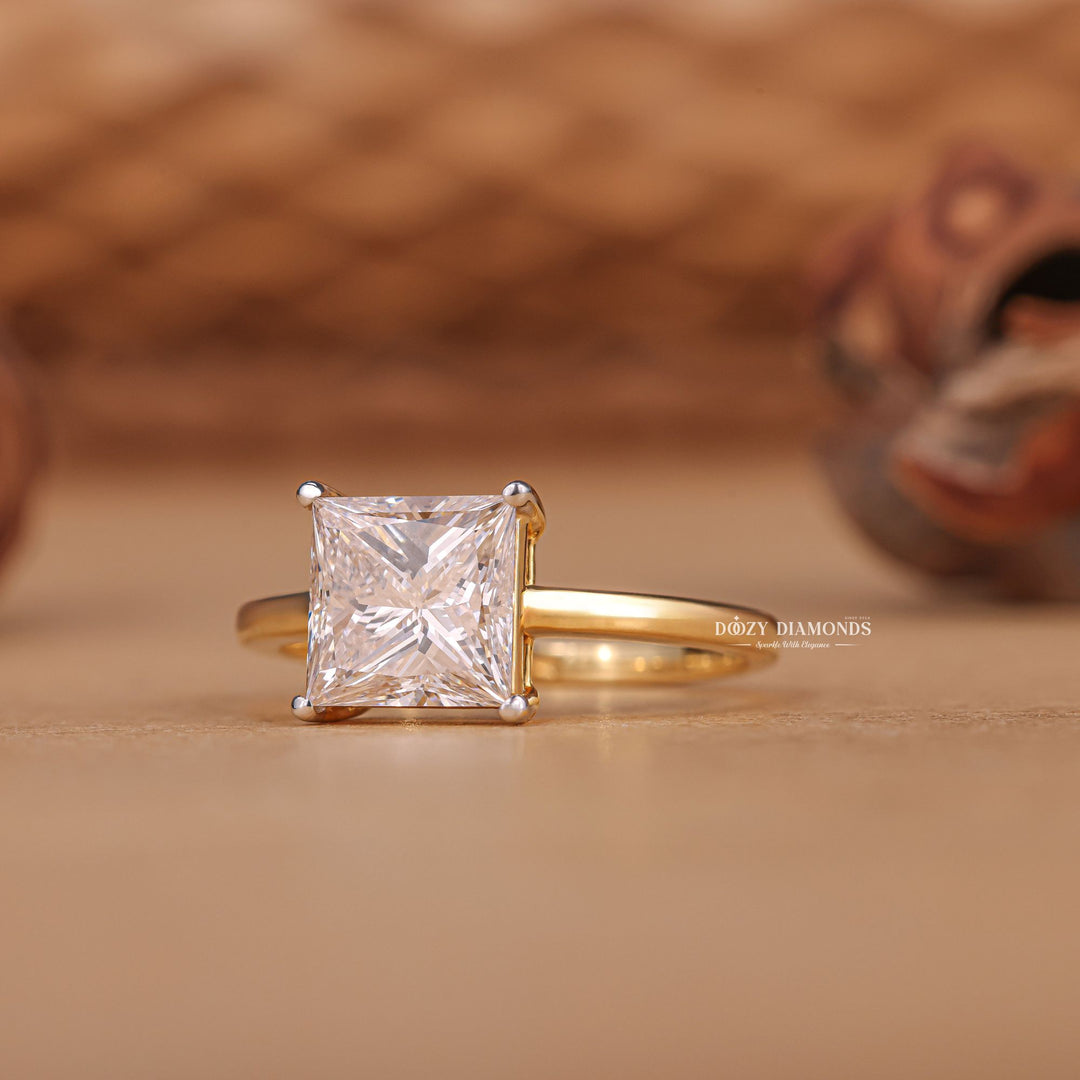 Top-down view of princess cut solitaire engagement ring