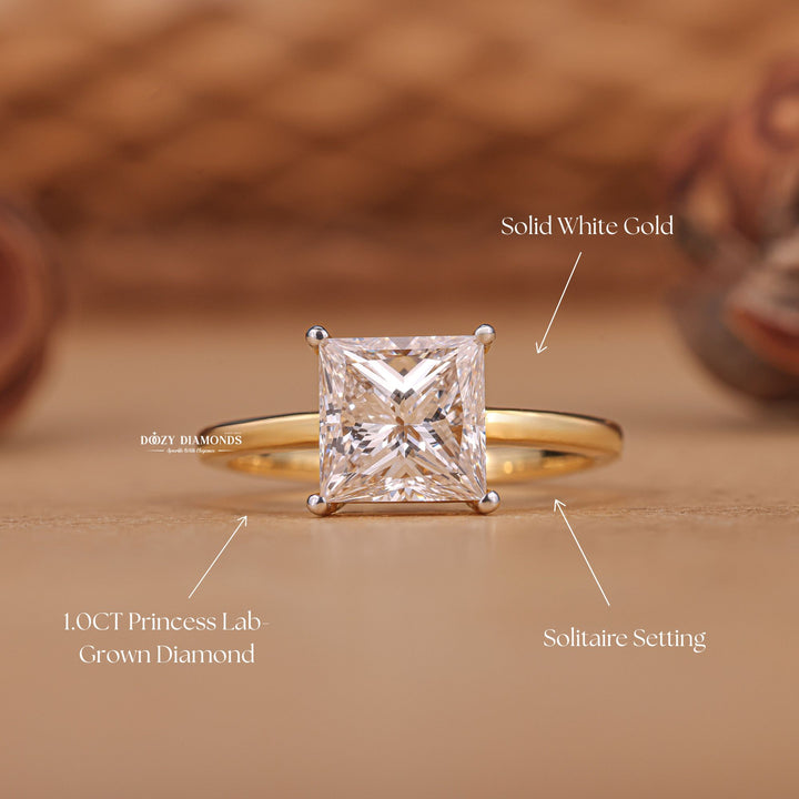 Angled view of princess cut diamond in solitaire setting