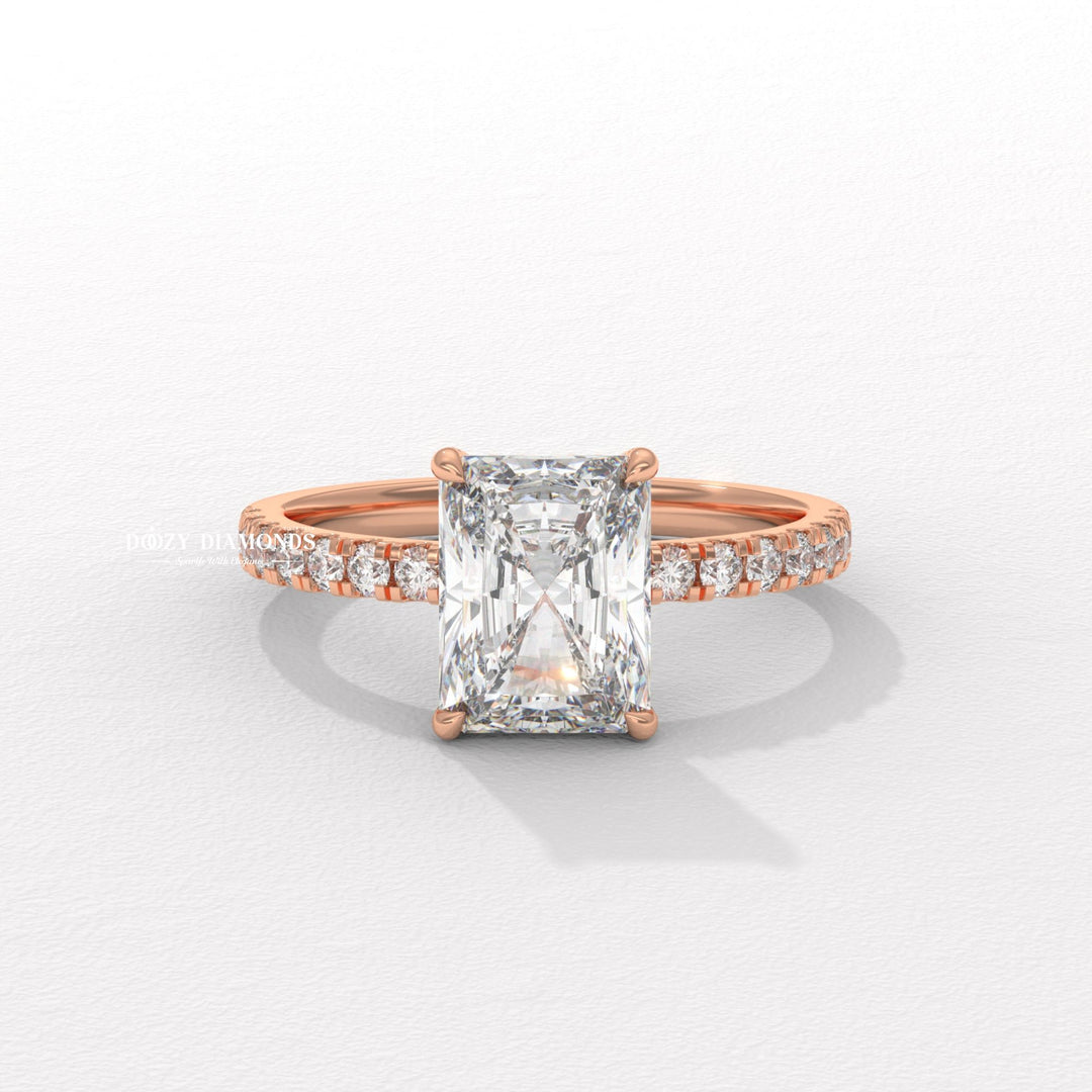 Macro shot of radiant cut diamond facets in hidden halo ring setting