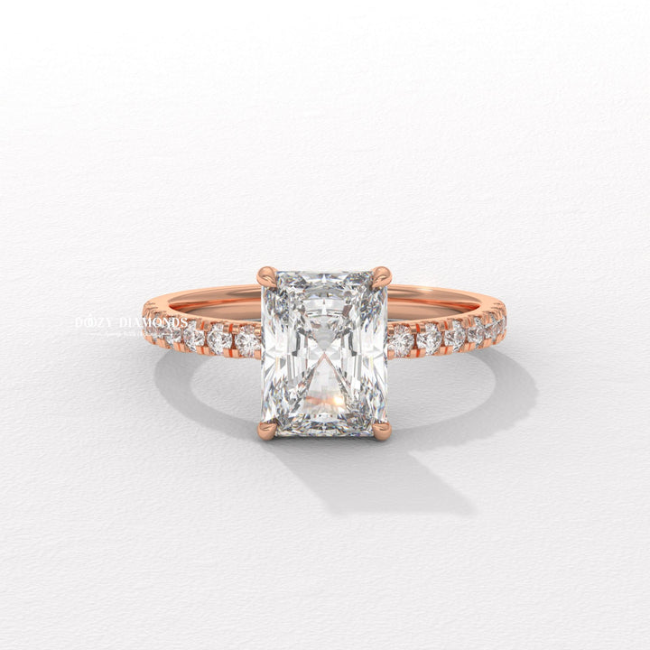 Macro shot of radiant cut diamond facets in hidden halo ring setting