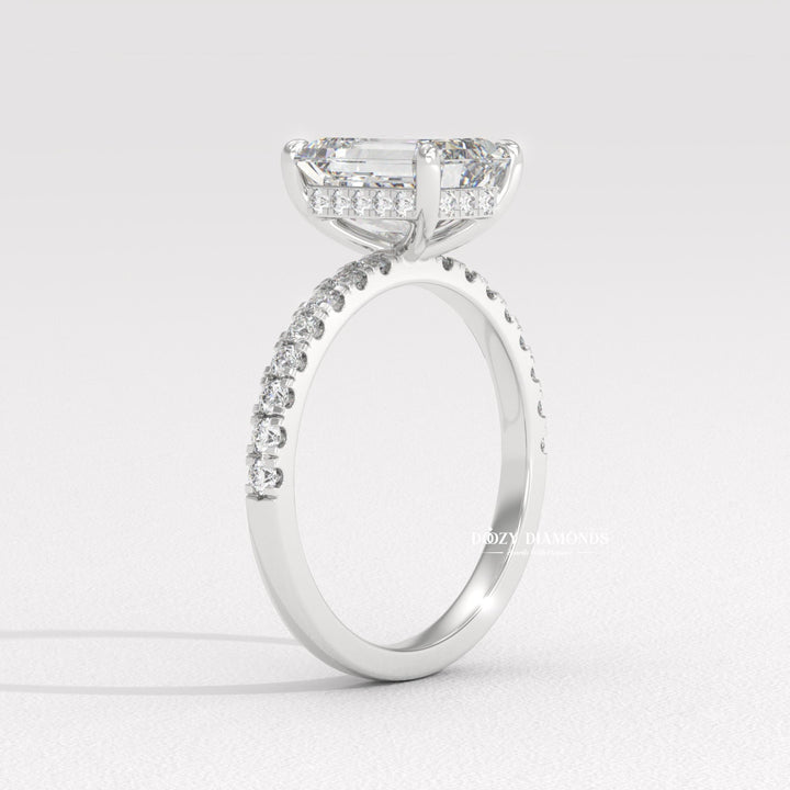 Emerald cut pave engagement ring with IGI certified center diamond