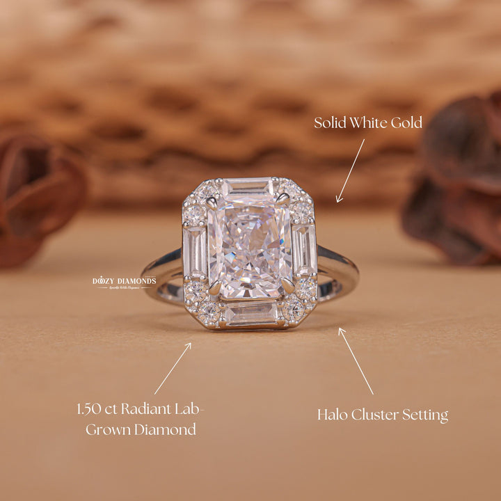 Radiant cluster engagement ring close-up showing E/VS1 diamond clarity