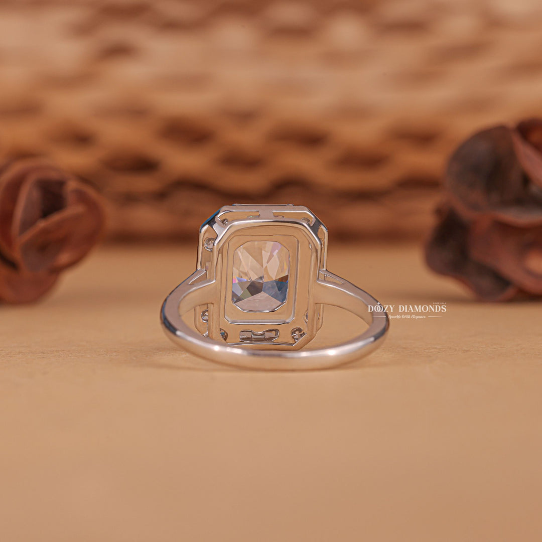 Angled view of radiant cut diamond in cluster setting
