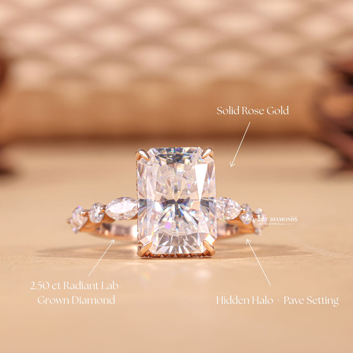Angled view of radiant cut diamond in pave setting