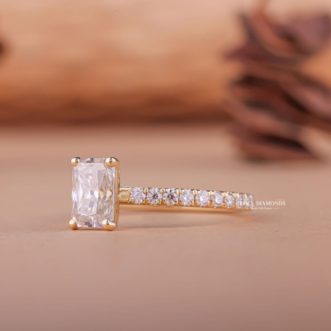 Radiant pave engagement ring with brilliant diamond sparkle