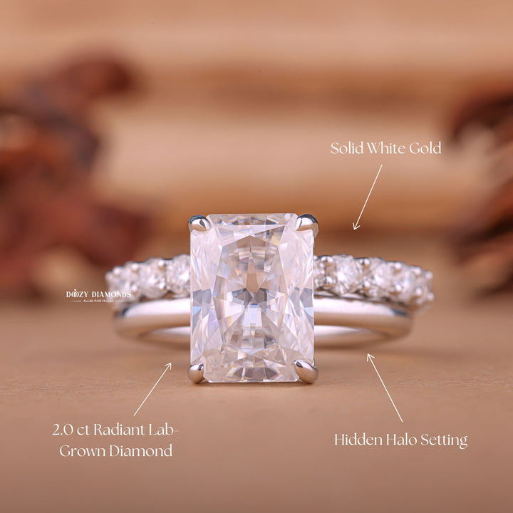 Radiant cut bridal set with plain band, Radiant cut bridal set with engraved band, Radiant cut bridal set with cathedral setting, Radiant cut bridal set with low profile setting, Radiant cut bridal set with high profile setting, 
