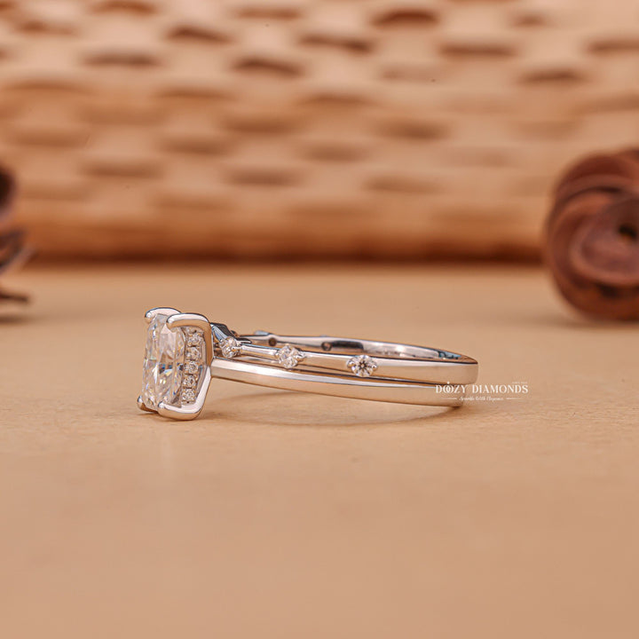 Radiant cut bridal set with enhancer, Radiant cut bridal set with halo, Radiant cut bridal set with side stones, Radiant cut bridal set with diamond accents, 