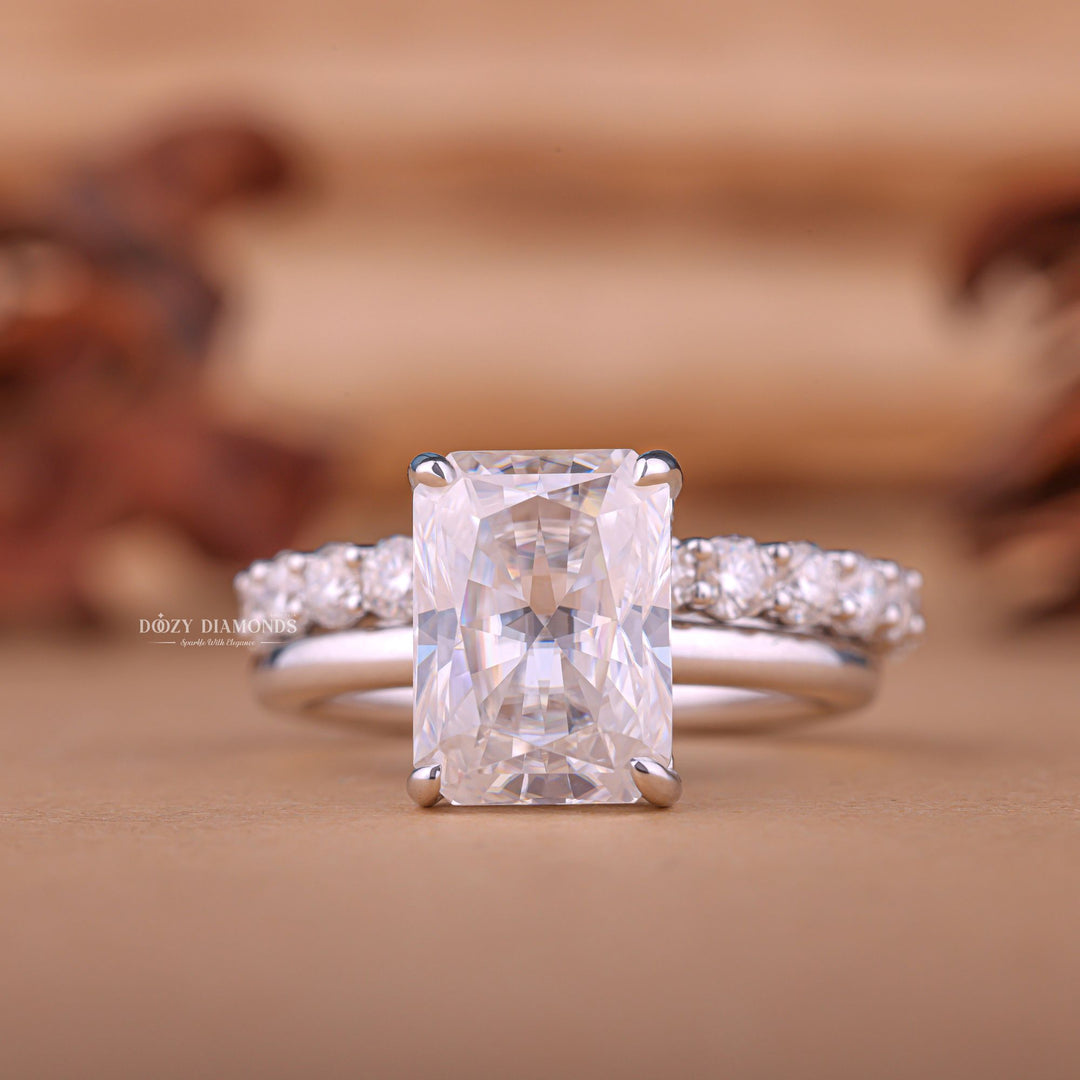 Radiant cut bridal set with halo, Radiant cut bridal set with side stones, Radiant cut bridal set with diamond accents, Radiant cut bridal set with milgrain,