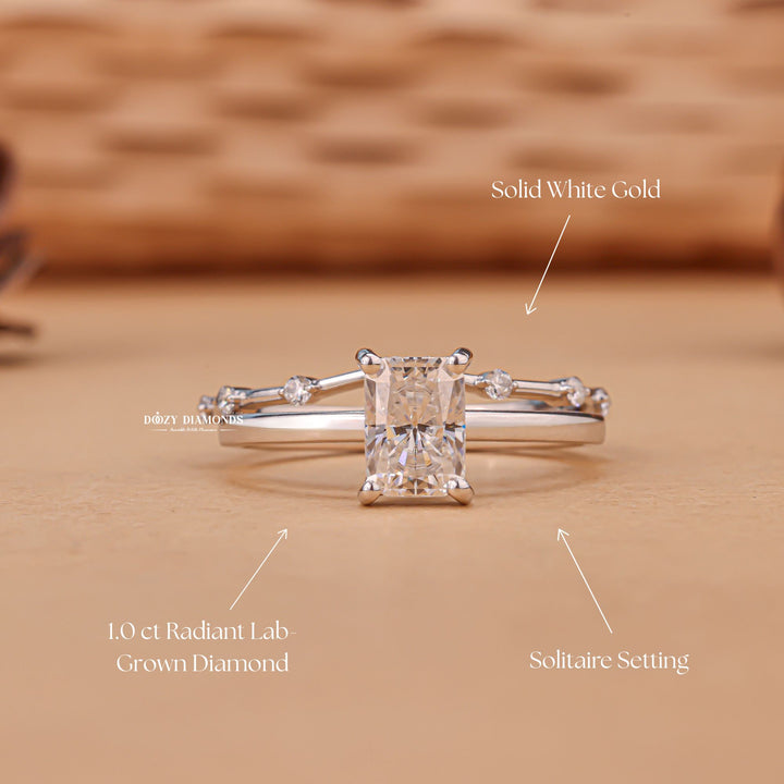 Radiant cut bridal set with pave band, Radiant cut bridal set with channel set band, Radiant cut bridal set with prong set band, Radiant cut bridal set with bezel set band, Radiant cut bridal set with twist band, Radiant cut bridal set with curved band