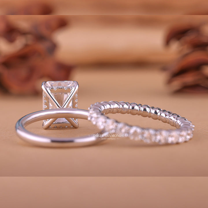Radiant cut bridal set with prong set band, Radiant cut bridal set with bezel set band, Radiant cut bridal set with twist band, Radiant cut bridal set with curved band,