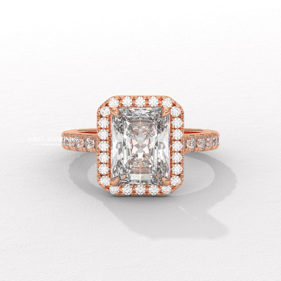 Radiant cut engagement ring shown with authenticity certificate
