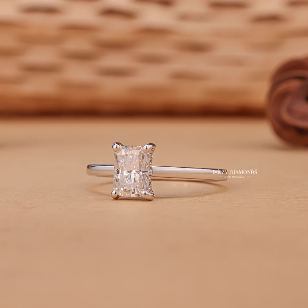 Classic radiant hidden halo engagement ring crafted for everyday wear