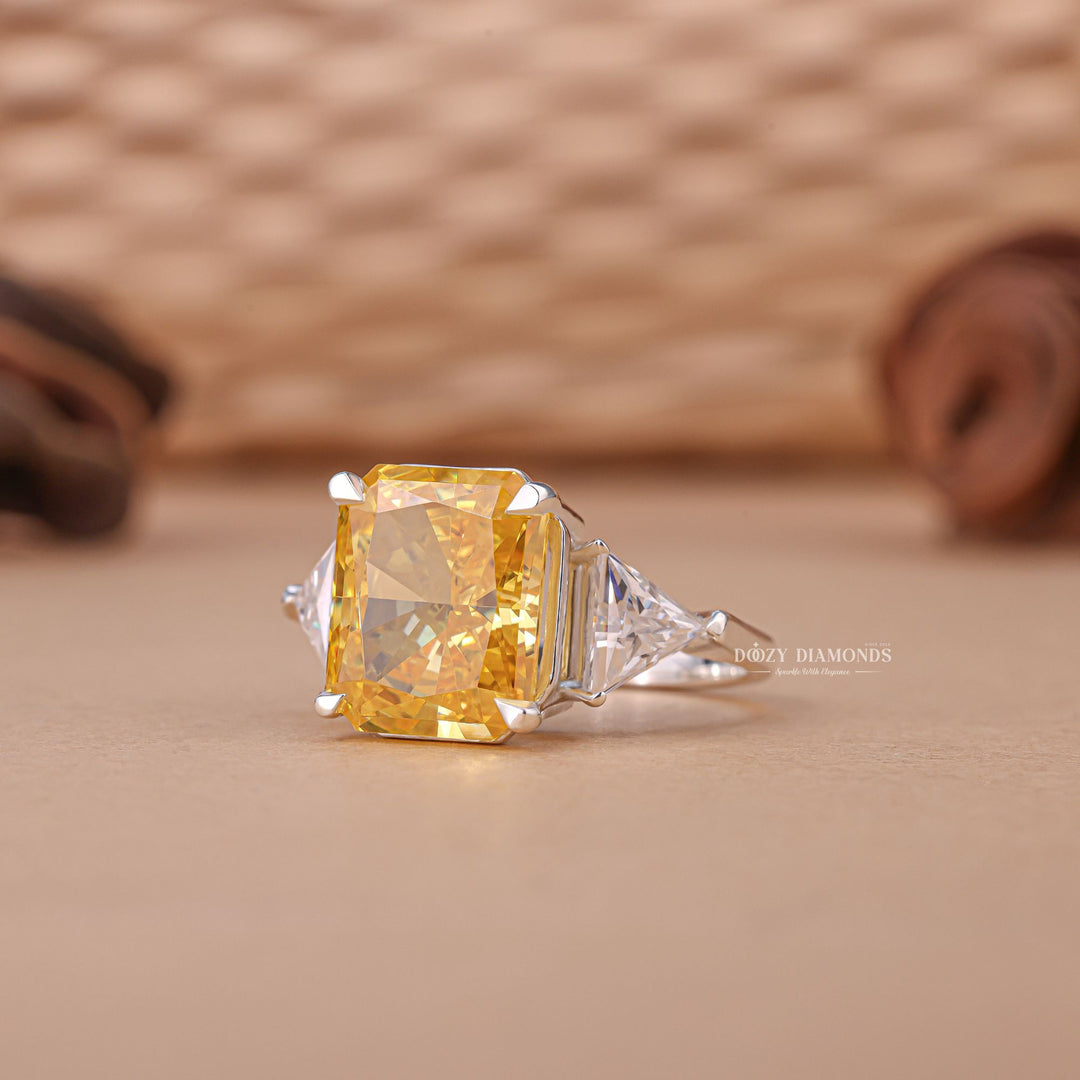 Radiant three stone engagement ring close-up highlighting diamond sparkle
