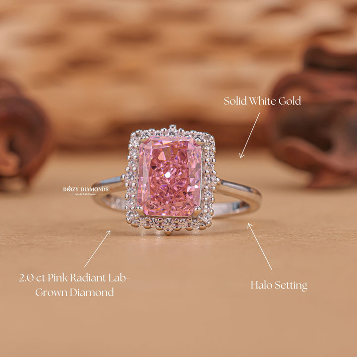 Unboxing view of radiant cut halo diamond engagement ring