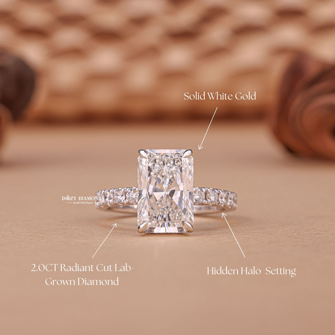 Handcrafted radiant cut hidden halo lab grown diamond engagement ring