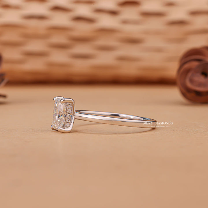Unboxing view of radiant cut hidden halo diamond engagement ring