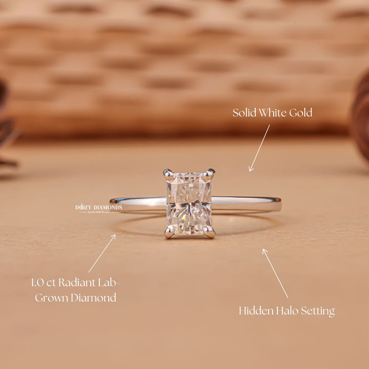 Handcrafted radiant cut hidden halo lab grown diamond engagement ring