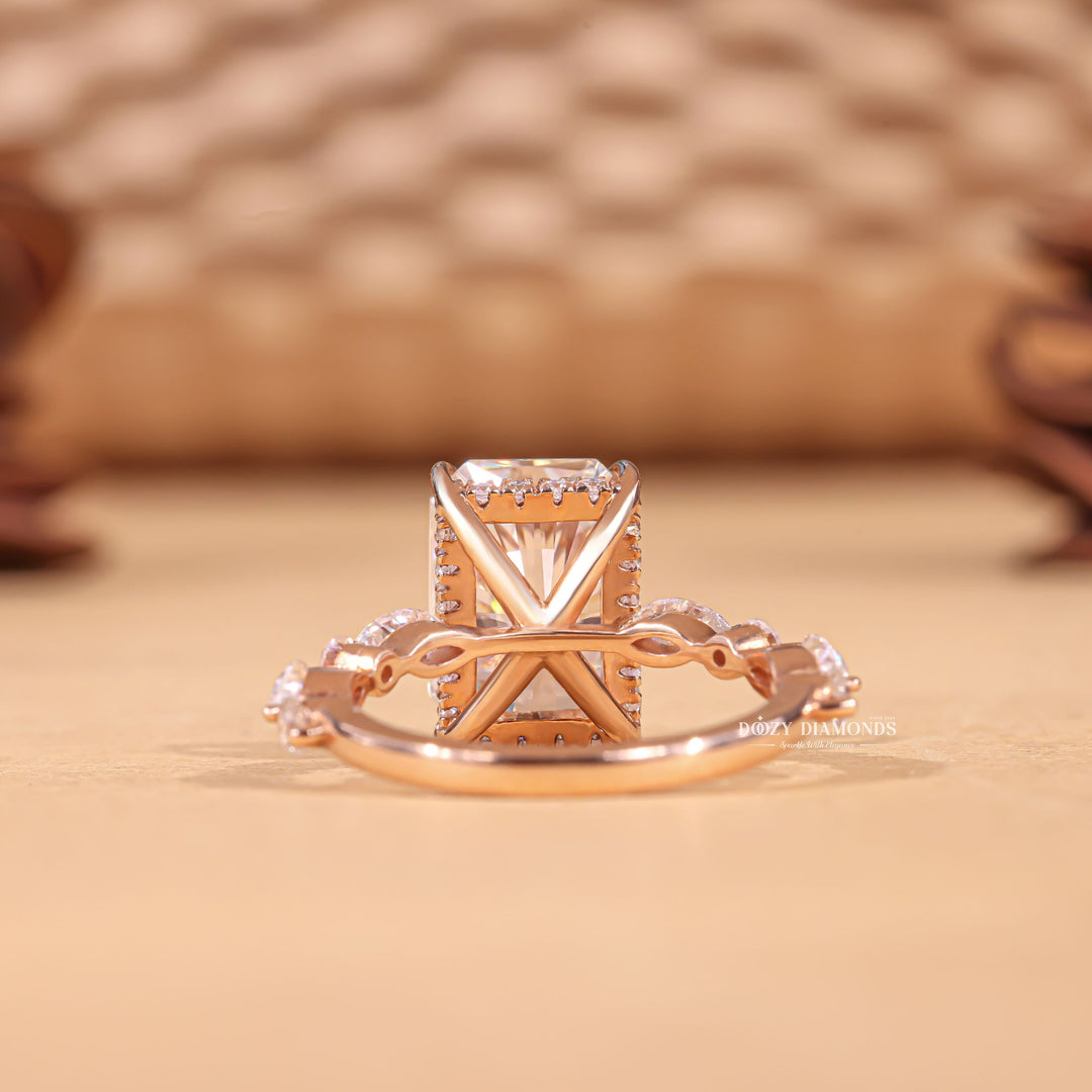 Top-down view of radiant cut pave engagement ring