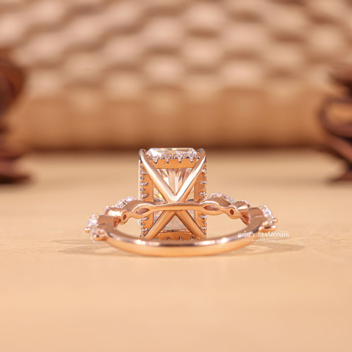 Top-down view of radiant cut pave engagement ring