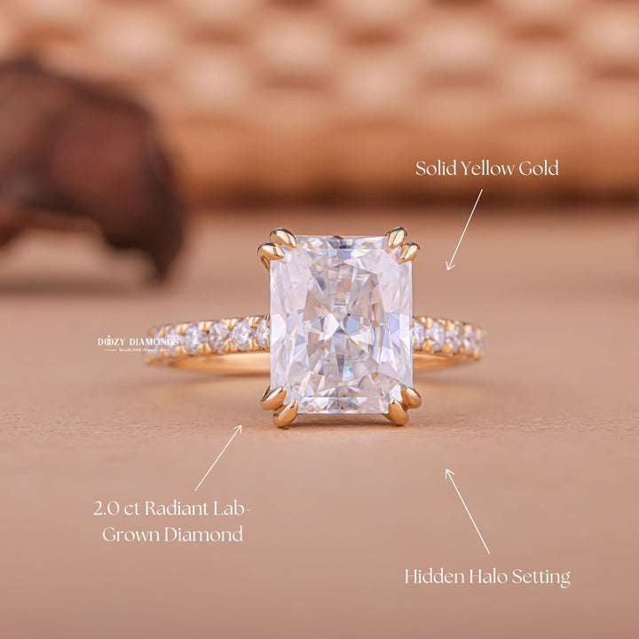 Radiant hidden halo diamond ring presented in signature gift packaging