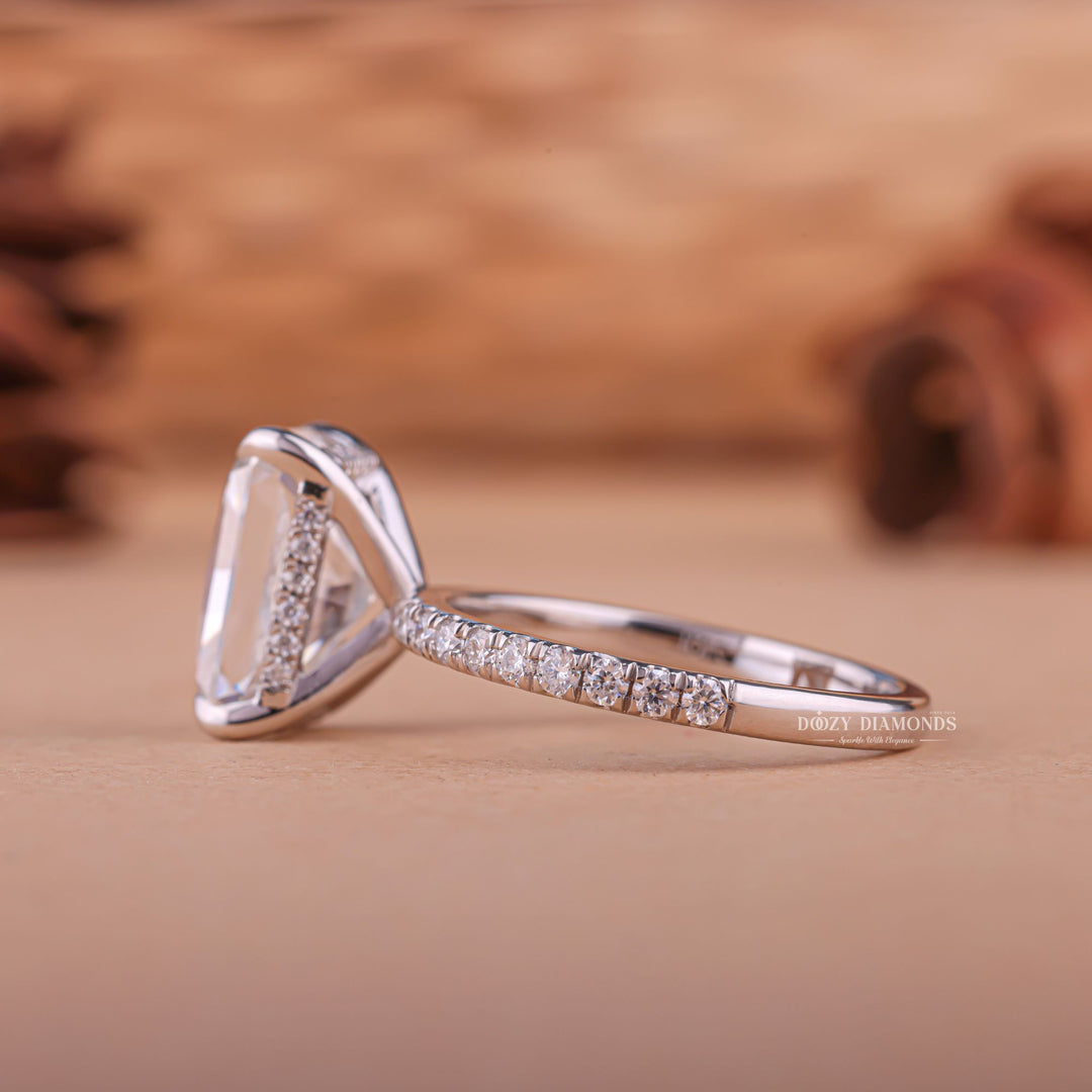 IGI certified radiant cut diamond in hidden halo engagement ring setting