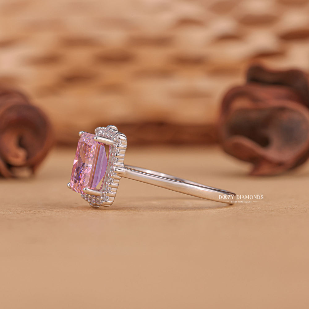 Radiant halo lab grown diamond ring in jewelry gift box