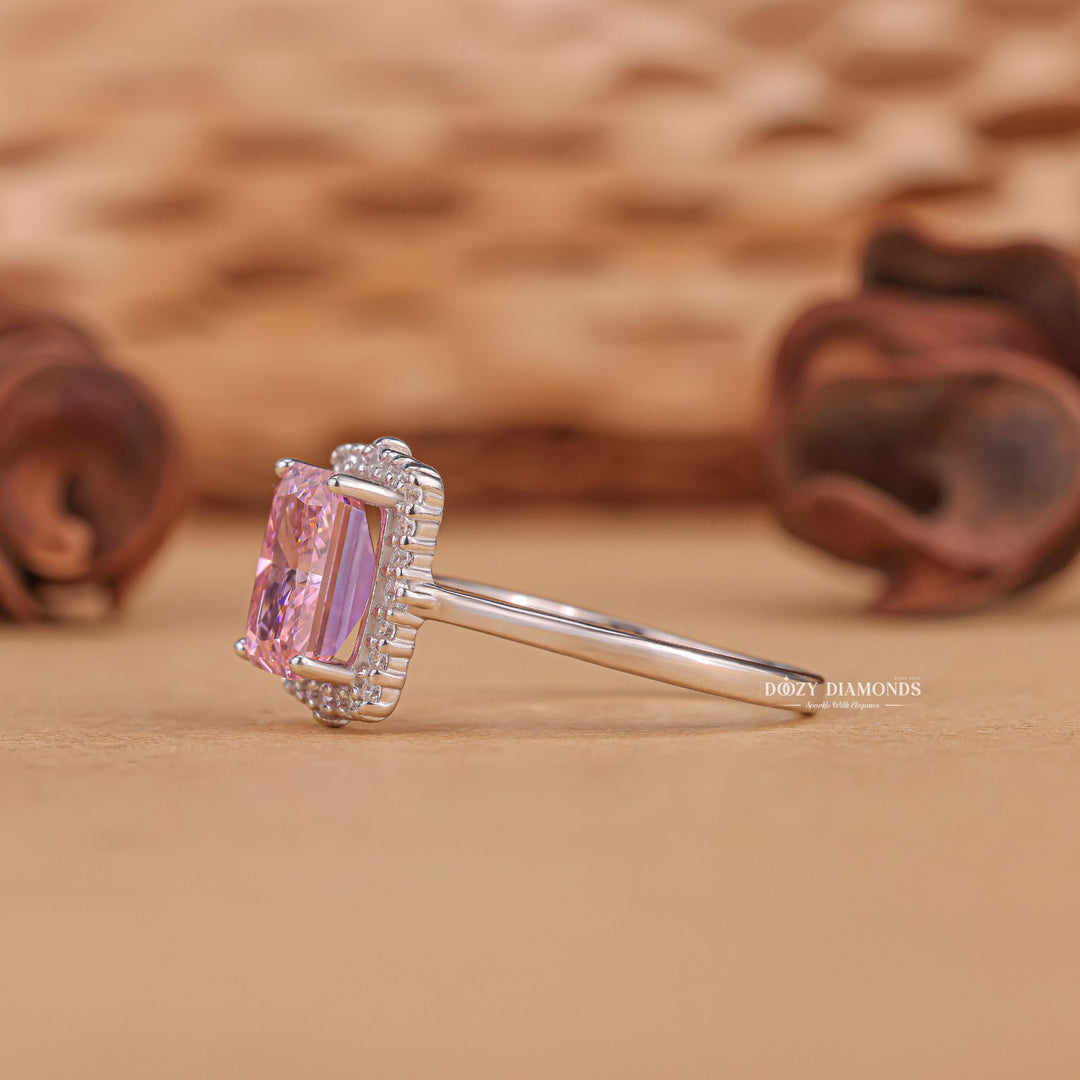 Radiant halo lab grown diamond ring in jewelry gift box