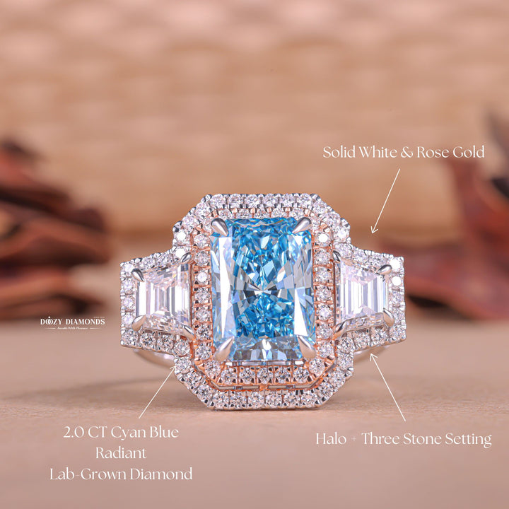Unboxing view of radiant cut halo diamond engagement ring