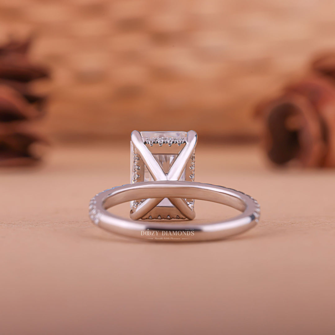 Radiant hidden halo engagement ring with certified lab grown diamond