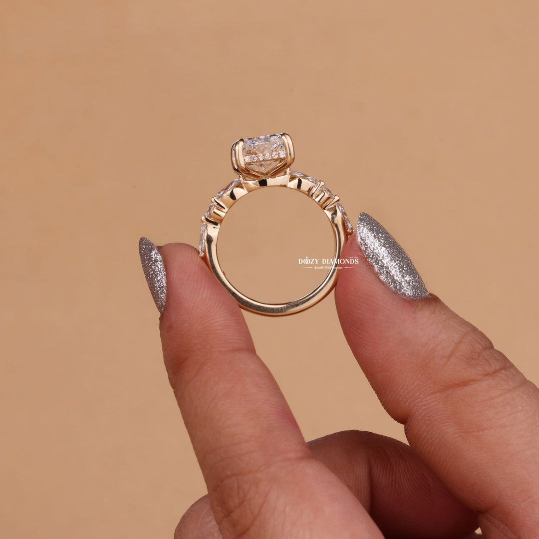 Close-up of radiant cut center diamond in hidden halo engagement ring