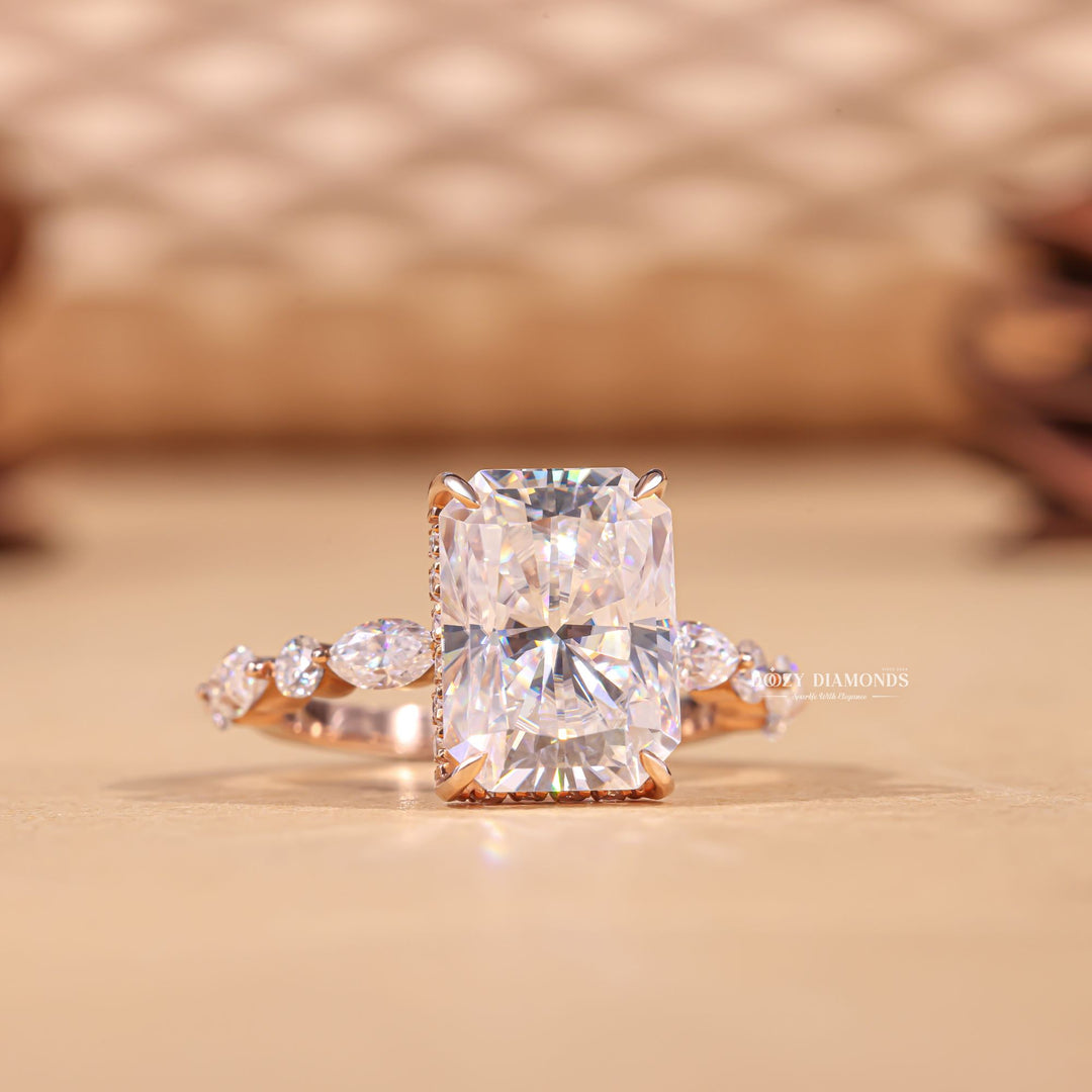 Radiant pave diamond ring displayed on jewelry stand