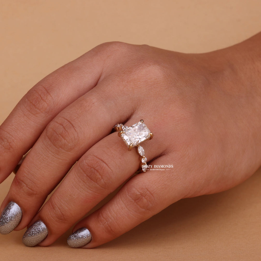 Macro shot of radiant cut diamond facets in hidden halo ring setting
