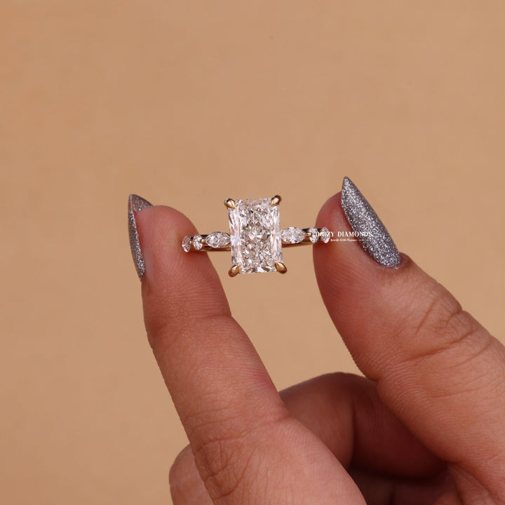 Detailed close-up of radiant hidden halo diamond engagement ring