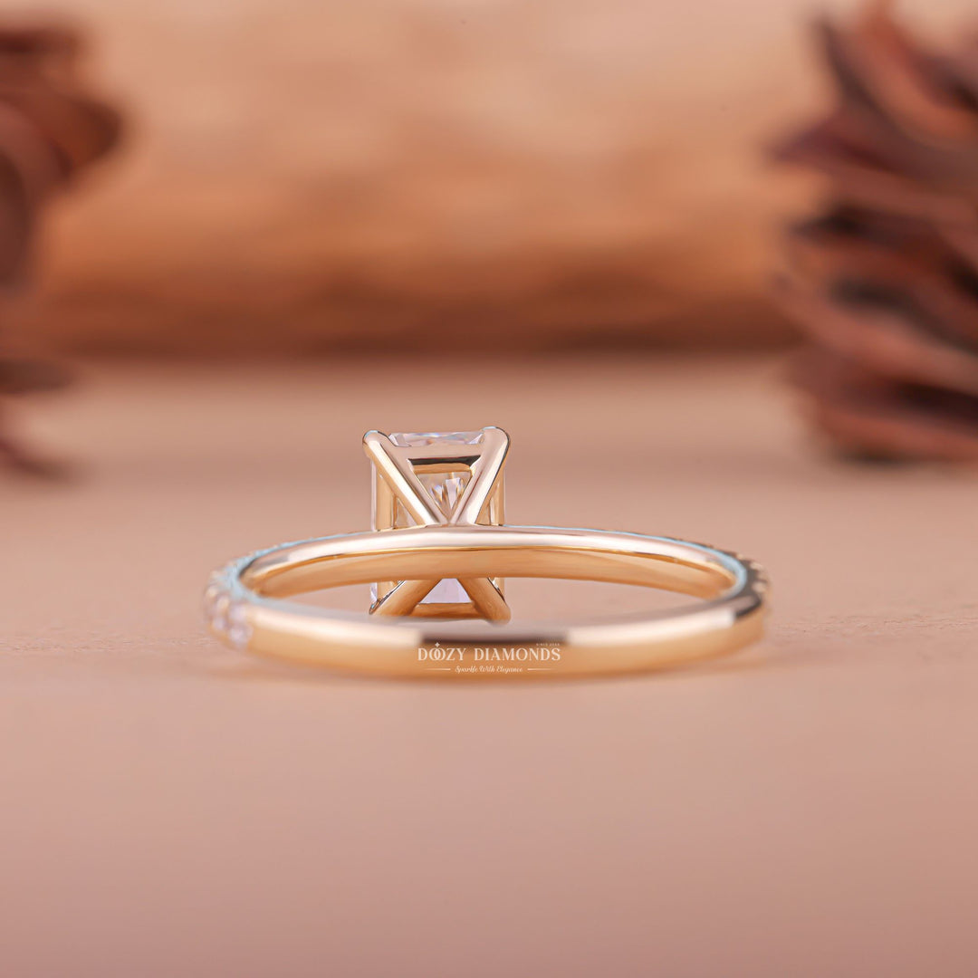 Radiant pave engagement ring close-up showing F/VS1 diamond clarity