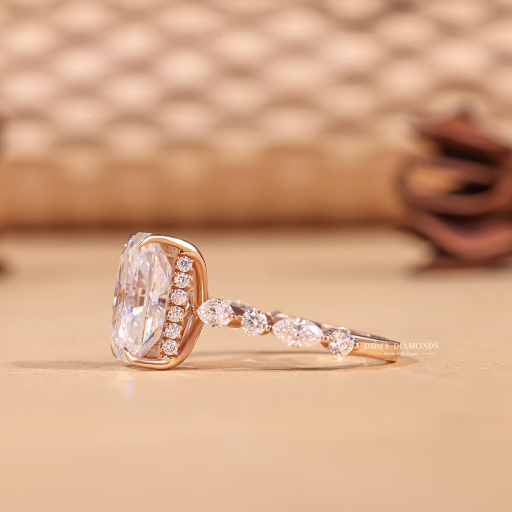 Radiant pave engagement ring photographed in natural light