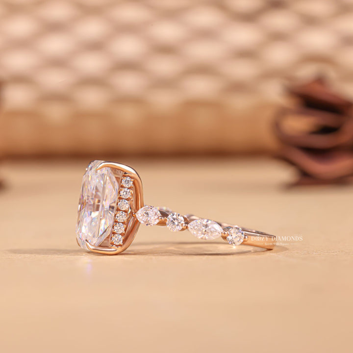 Radiant pave engagement ring photographed in natural light