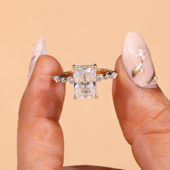 Radiant hidden halo lab grown diamond ring side profile in gold setting