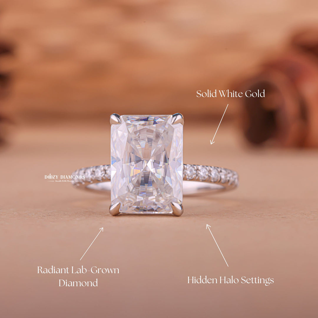 Certified radiant cut diamond featured in hidden halo engagement ring
